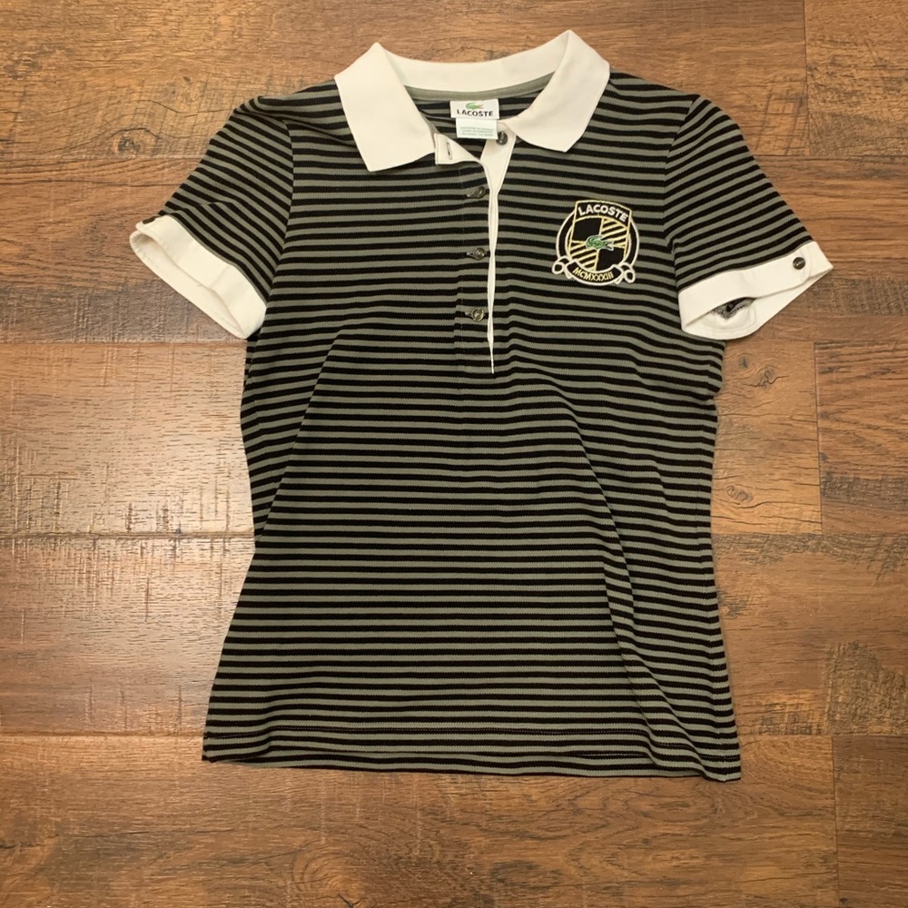 NEW BLACK AND GREY STRIPPED LACOSTE POLO